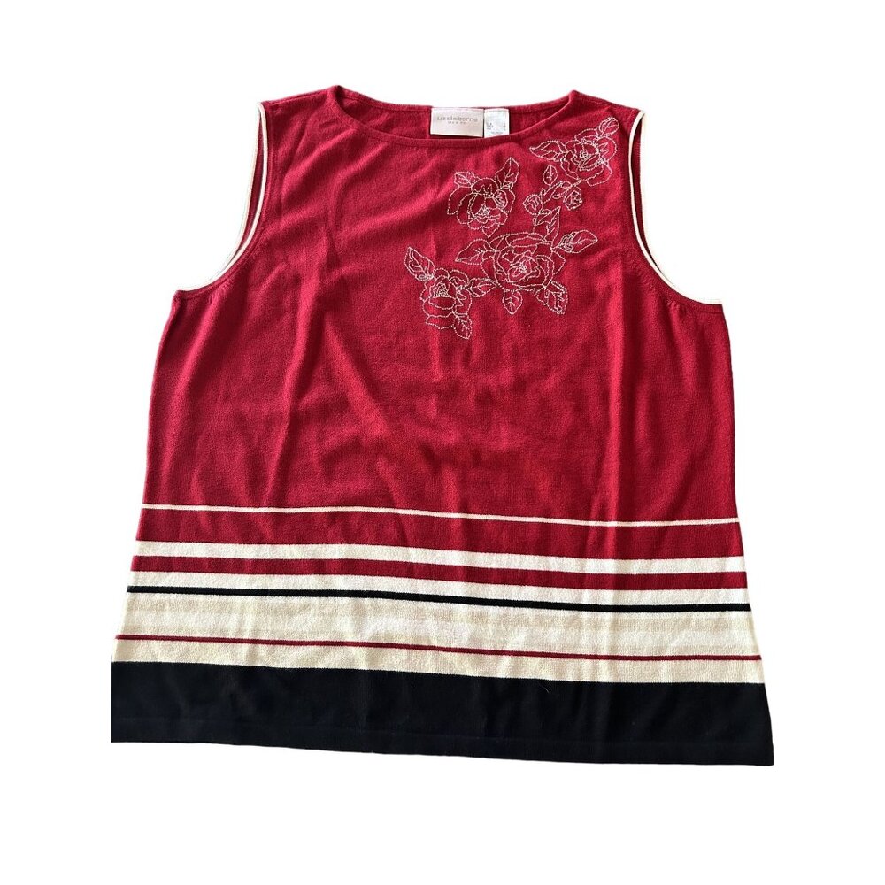 Vintage Liz Claiborne Knit Sleeveless Top With Floral Embroidery - Size L